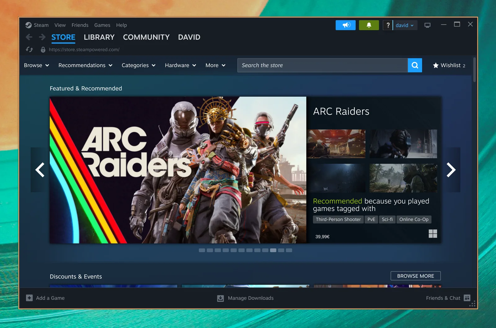 Steam prikazuje svoju prodavnicu igara na Omarchyju